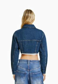 BERSHKA Cropped - Veste En Jean - Dark Blue -Next Soldes 321d9bea01584f1683c4bdcbc9b7ff5b