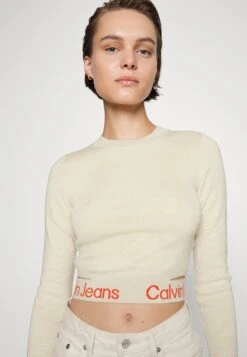 Calvin Klein Jeans Waist Logo Intarsia Sweater - T-Shirt À Manches Longues - Eggshell/Coral Orange -Next Soldes 3d1d0c11be614196bce0f4be655979b6