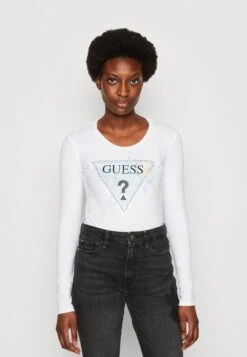 Guess Ls Rn Alva Tee - T-Shirt À Manches Longues - Pure White