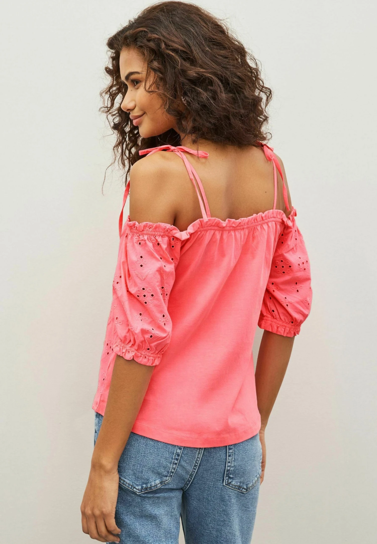 Next Bardot Broderie Puff Sleeve - Blouse - Fluro Pink 4 Next Bardot Broderie Puff Sleeve - Blouse - Fluro Pink – Image 2