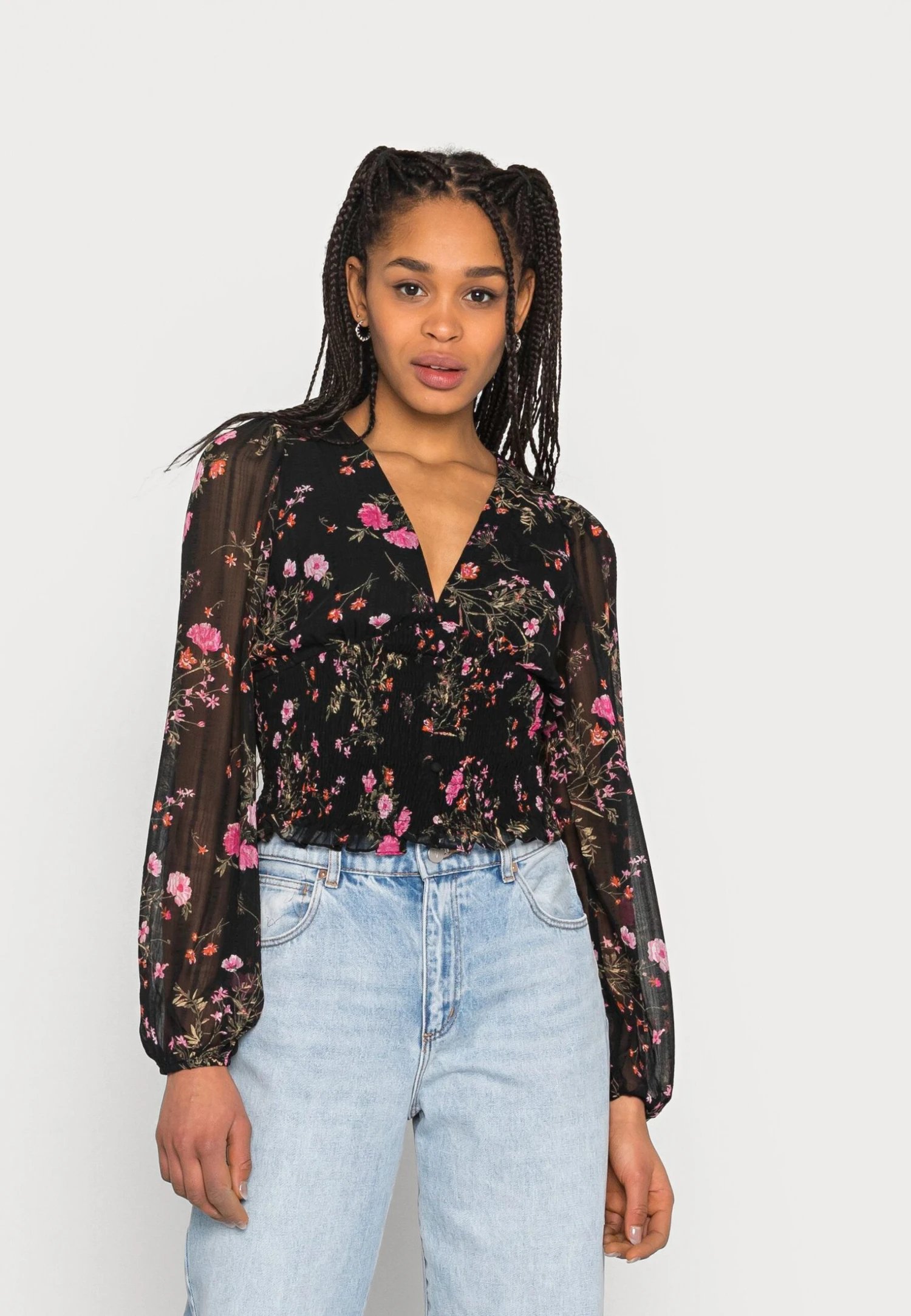 Vero Moda Vmrosa V Neck Smock - T-Shirt À Manches Longues - Black/Pink 3 Vero Moda Vmrosa V Neck Smock - T-Shirt À Manches Longues - Black/Pink