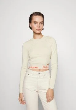 Calvin Klein Jeans Waist Logo Intarsia Sweater - T-Shirt À Manches Longues - Eggshell/Coral Orange