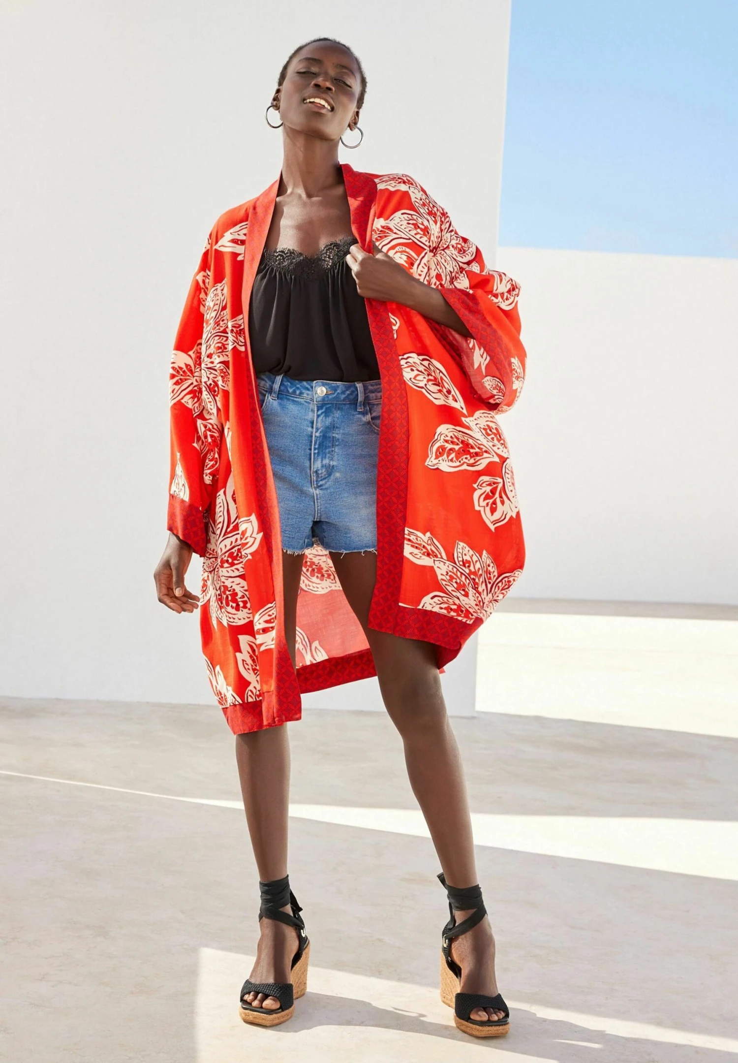 Next Leaf Print Longline Kimono - Veste Légère - Red 3 Next Leaf Print Longline Kimono - Veste Légère - Red