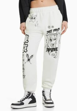 BERSHKA Plush Print Jogging - Pantalon De Survêtement - Off White